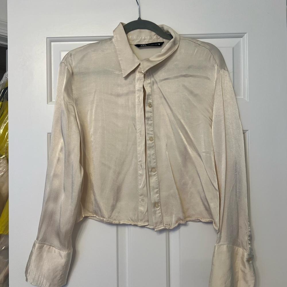 Zara Cream Satin Button-Up Blouse